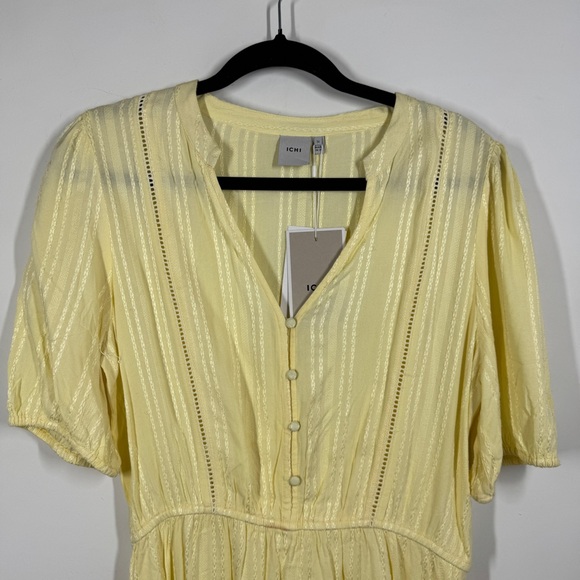 ICHI Yellow Textured Midi Dress Size 36 Button Front Short Sleeve Summer - Picture 3 of 13